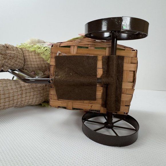 Floral Bunny Plush Doll On Metal Tricycle With Wicker Basket Floral Accents 19" - Picture 9 of 13